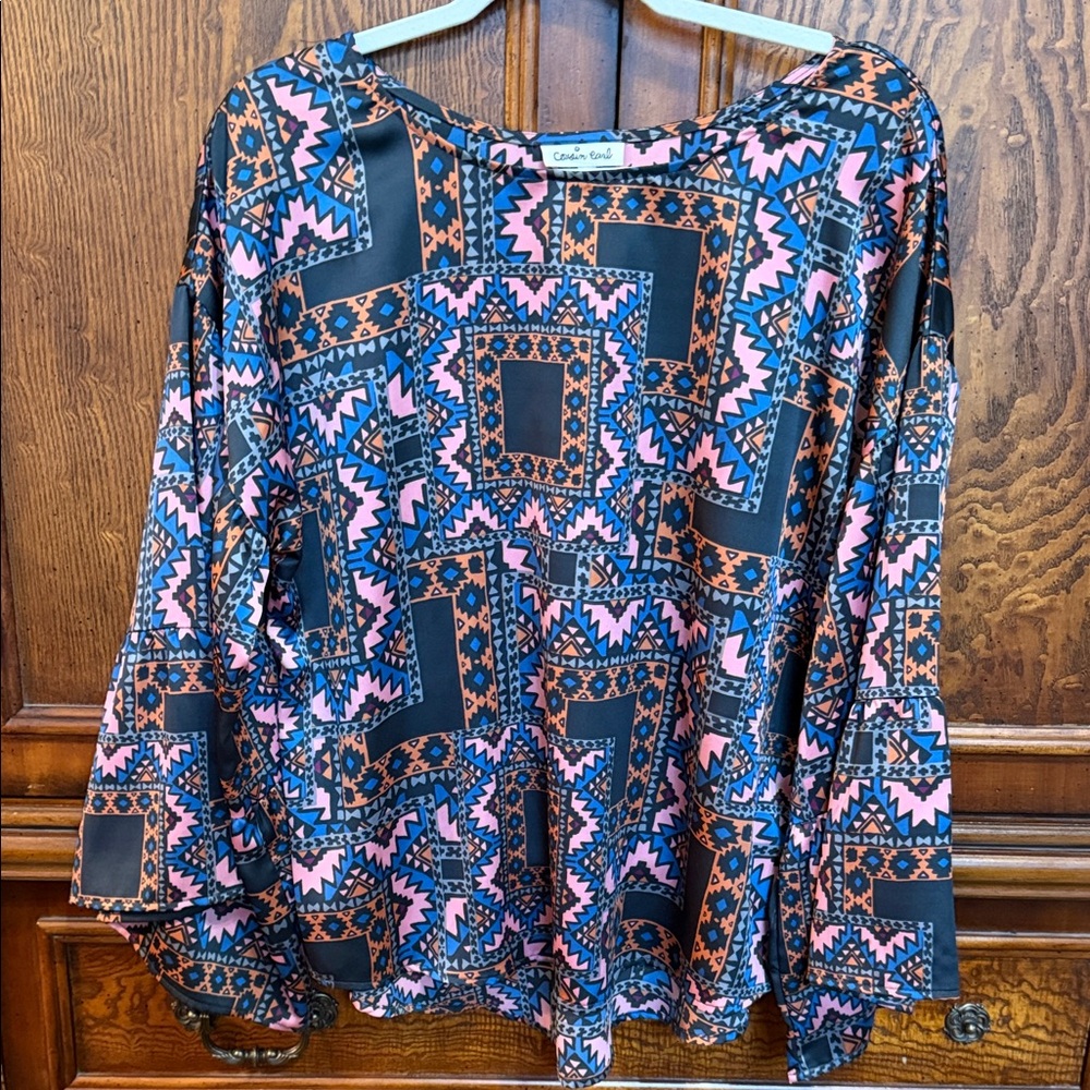 Cousin Earl Cachet Pink and Blue Geometric Blouse Size M/L